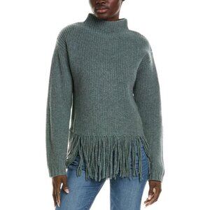 Elegant Alashan Fringe Hem 100% Merino Turtleneck Sweater - Green/Gray